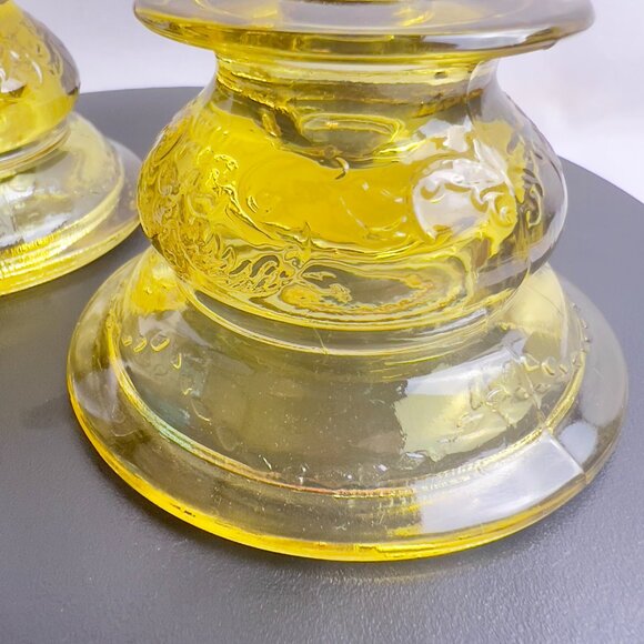 Indiana Glass 1970s Madrid Style Yellow Glass Vintage Candlestick Holders Pair - Picture 9 of 12